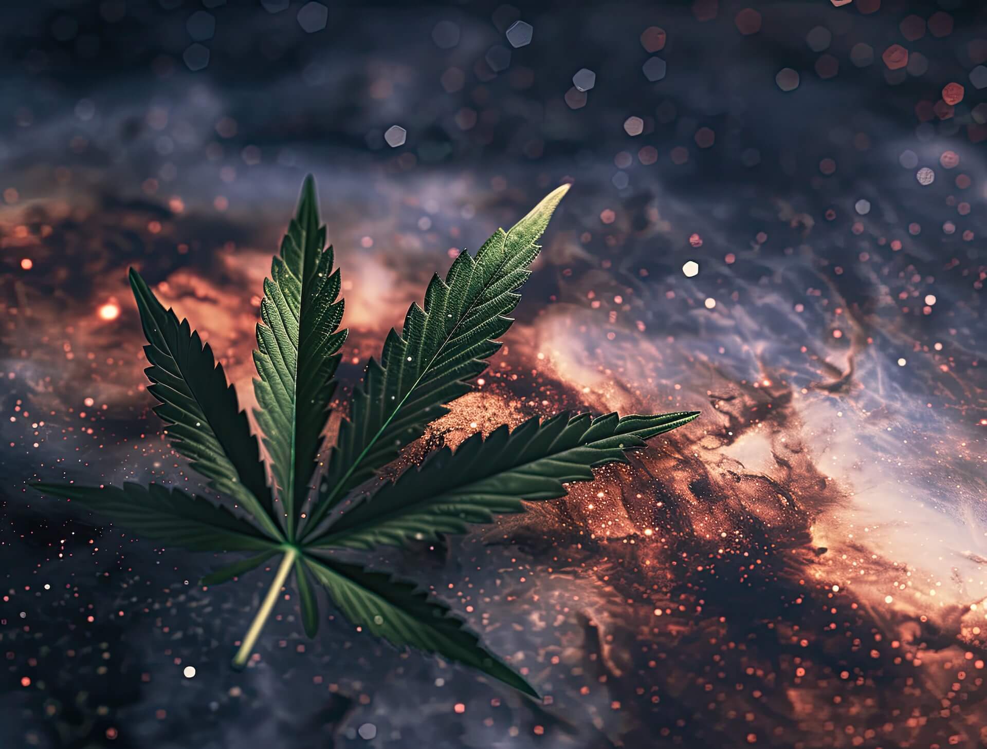 Marijuana Leaf over a background that looks like stars