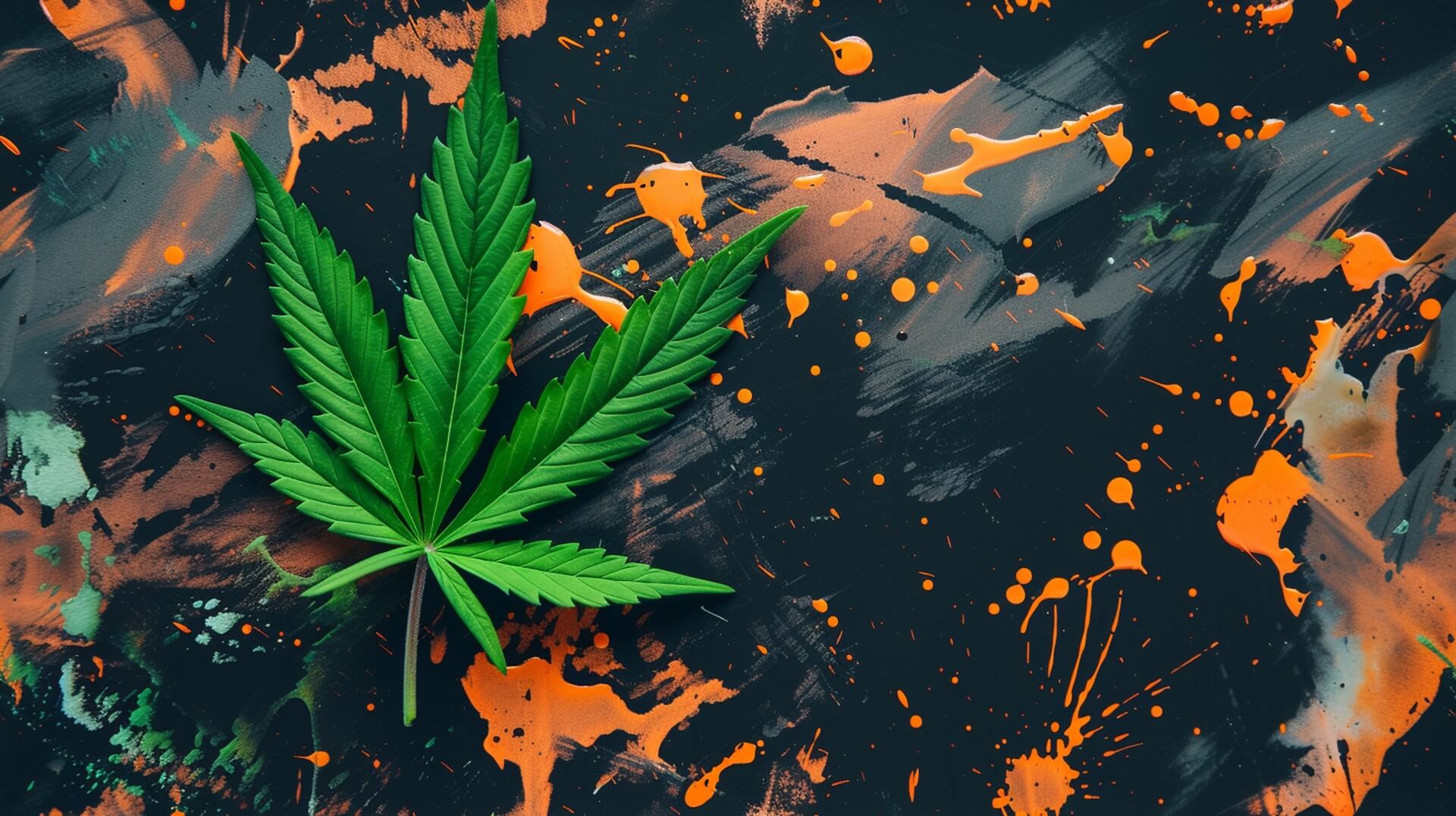 Marijuana Leaf over a background splashed with orange paint
